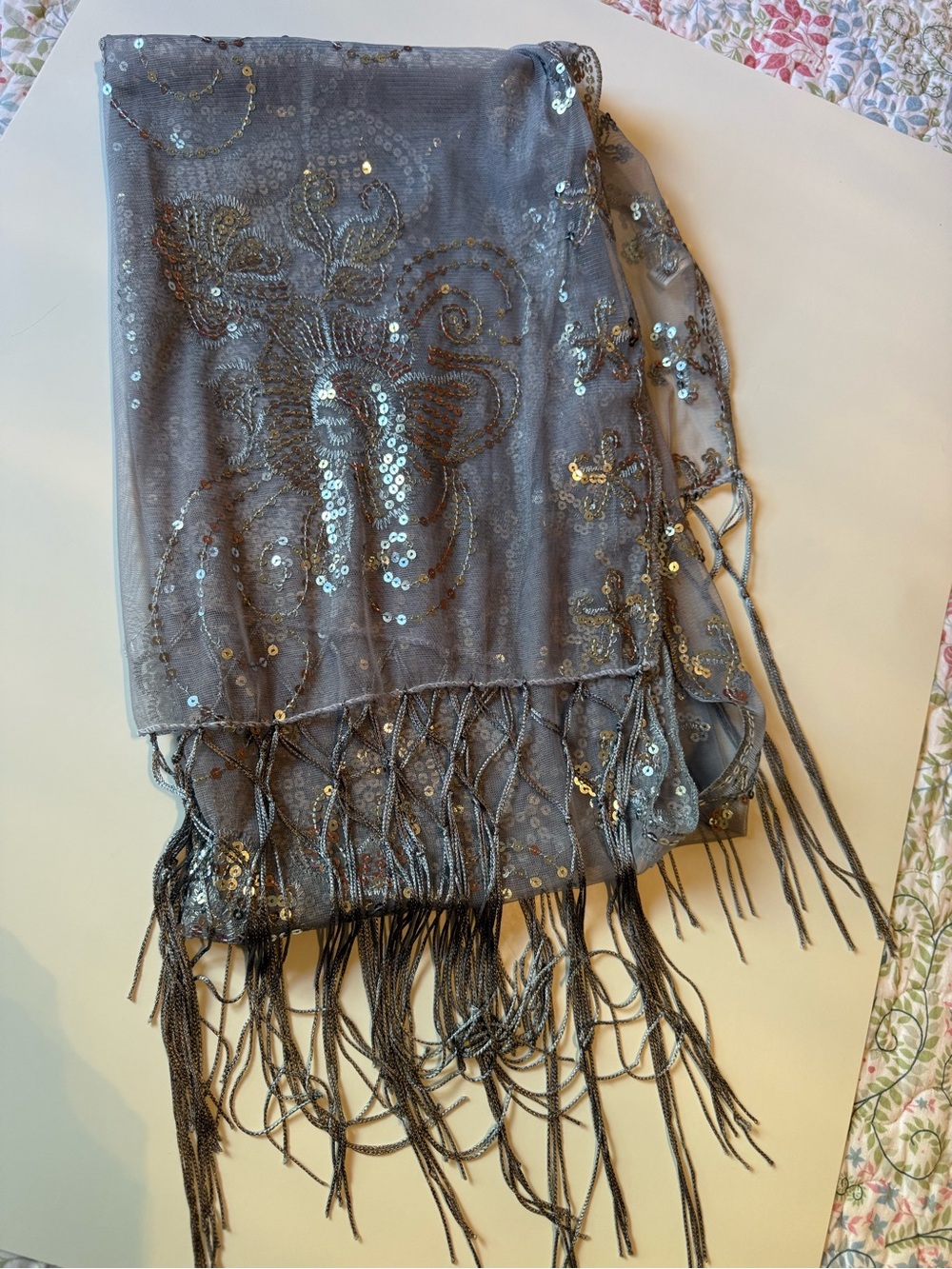 Silver Sequin Floral Fringe Scarf - Picture 2 of 5